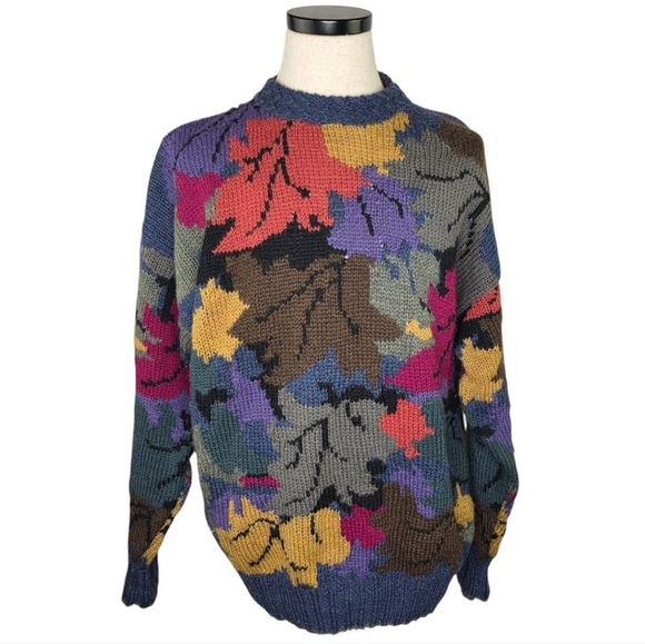 Vintage Boston Traders Wool Cozy Cabincore Sweater XL Leaf Print Coogi Style - Picture 1 of 8